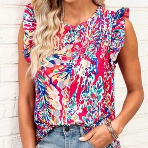 Abstract Print Ruffle Shoulder Top